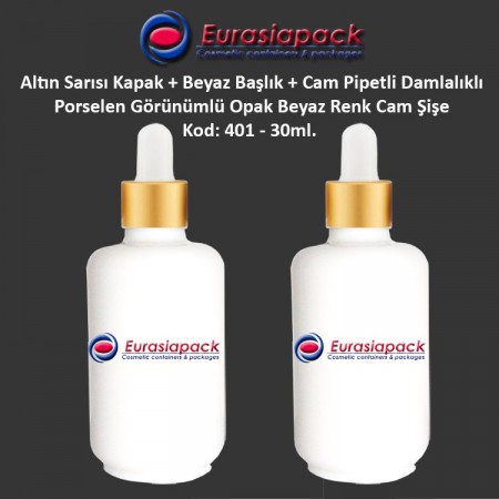 Porselen Görünümlü 30ml. Cam Pipet + Altın Sarısı Kapak + Beyaz Başlıklı Damlalıklı Şişe