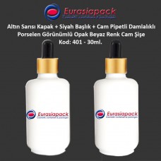 Porselen Görünümlü 30ml. Cam Pipet + Altın Sarısı Kapak + Siyah Başlıklı Damlalıklı Şişe