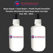 Porselen Görünümlü 30ml. Plastik Pipet + Beyaz Plastik Kapak + Siyah Başlıklı Damlalıklı Şişe