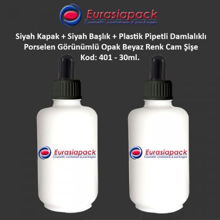 Porselen Görünümlü 30ml. Plastik Pipet + Siyah Plastik Kapak + Siyah Başlıklı Damlalıklı Şişe