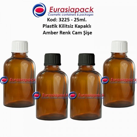 Kilitsiz Kapaklı Cam Amber İlaç Şişesi 25ml. Kod 3225