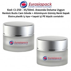 Krem Kavanozu Buzlu Cam Gövde Gümüş Rengi Kapaklı 35/50 gr CJ-250 Krem Kavanozu Buzlu Cam Gövde Gümüş Rengi Kapaklı 35/50 gr CJ-250